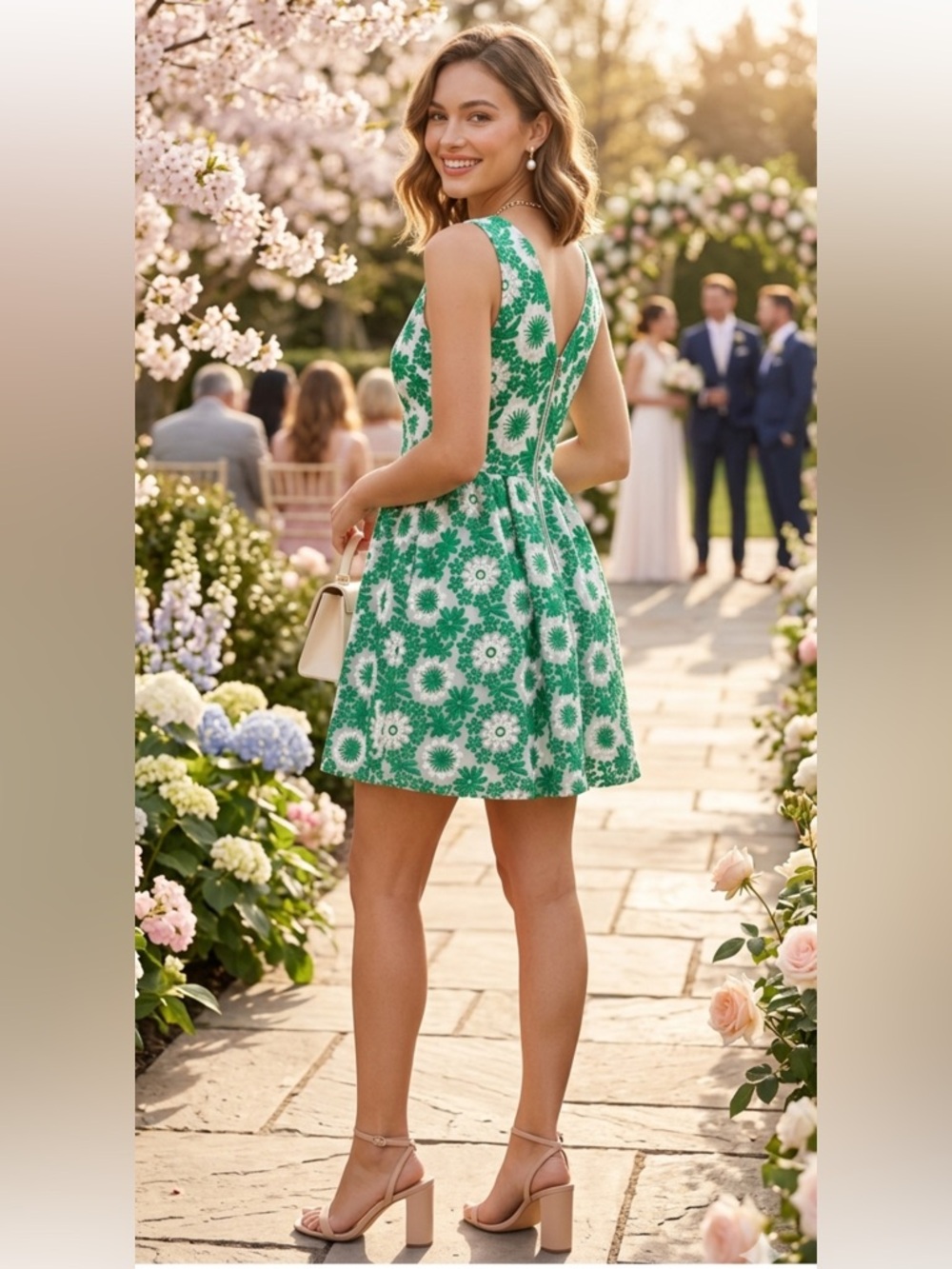 Green White Floral Embroidered Lace Fit N Flare Mini Dress, women’s Sz M